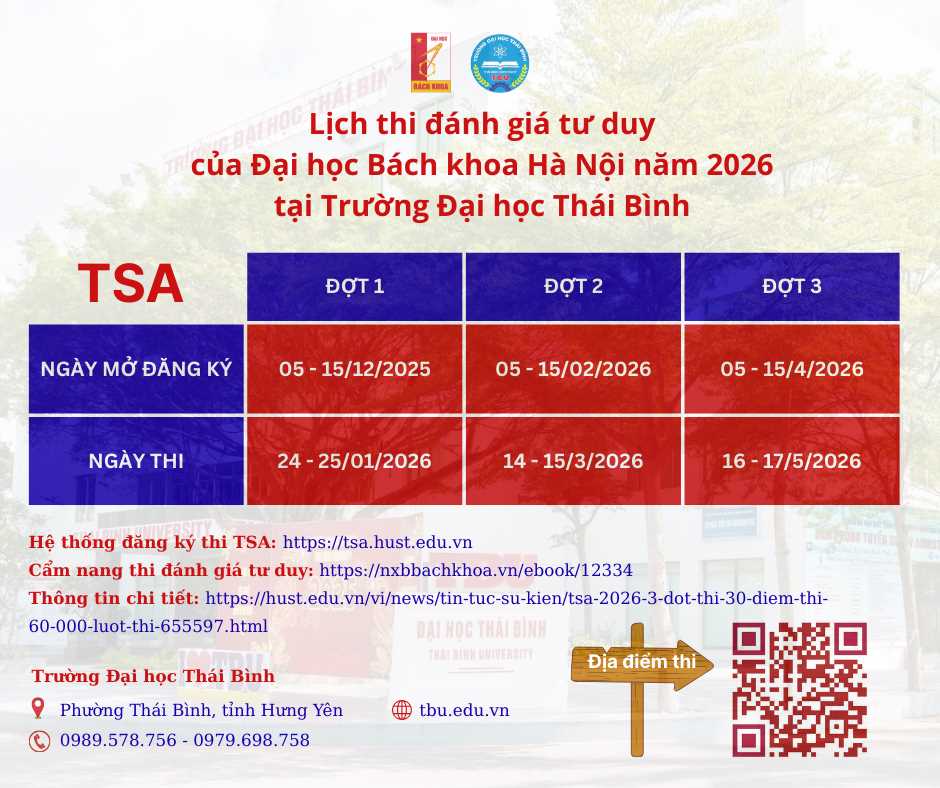 THÔNG BÁO LỊCH THI KỲ THI ĐÁNH GIÁ TƯ DUY CỦA ĐẠI HỌC BÁCH KHOA HÀ NỘI (TSA) NĂM 2026 TẠI TRƯỜNG ĐẠI HỌC THÁI BÌNH

